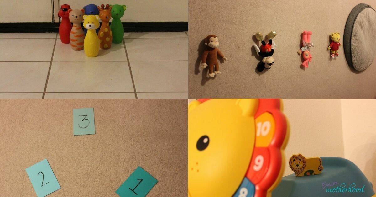 images of 4 featured fun and easy indoor preschool activities- bowling, number jump, obstacle course, and scavenger hunt.