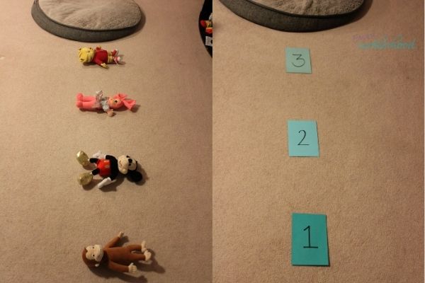 Split Image featuring two fun and easy indoor preschool activities, with left showing four stuffed toys leading to a toddler lounger for a preschooler to jump over and then land on the lounger. Right split image is number cards they can jump on in order of 1-2-3 before reaching the lounger.