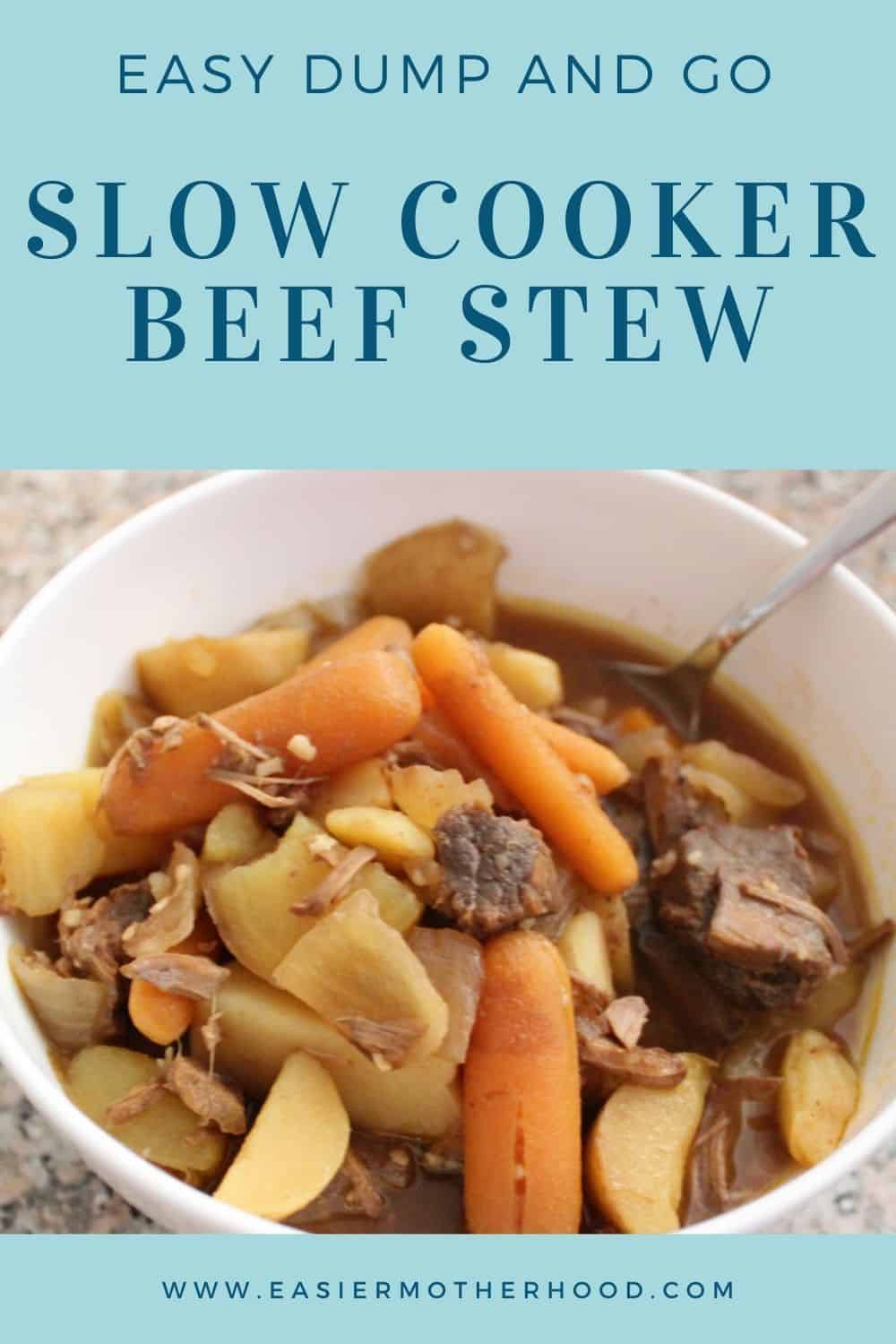 Pinterest pin showing bowl of finished easy slow cooker beef stew