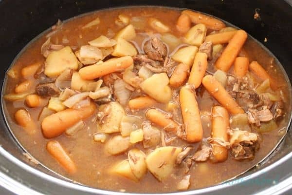 Finished easy slow cooker beef stew in crock pot ready to serve