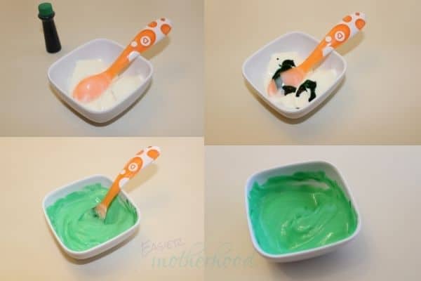 4 photos illustrating the mixing of the edible yogurt finger paint- materials in first photo, a few drops added to the yogurt in the second, mostly mixed in third, and fully done in last
