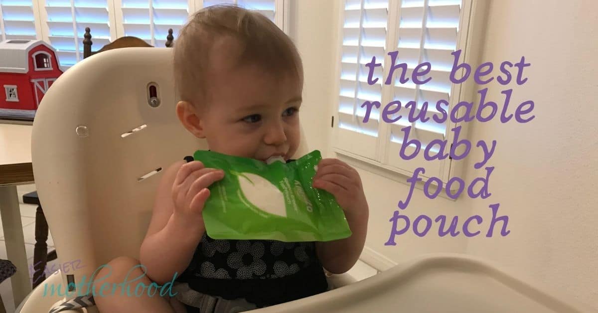Baby eating yogurt from a reusable baby food pouch