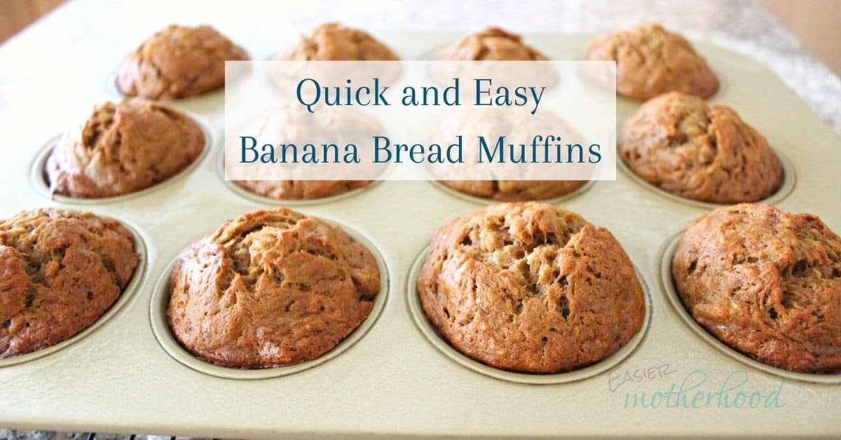 Picture is of the recipe after baking while still in the muffin pan. Text overlay has the recipe title "Quick and Easy Banana Bread Muffins" and logo watermark.