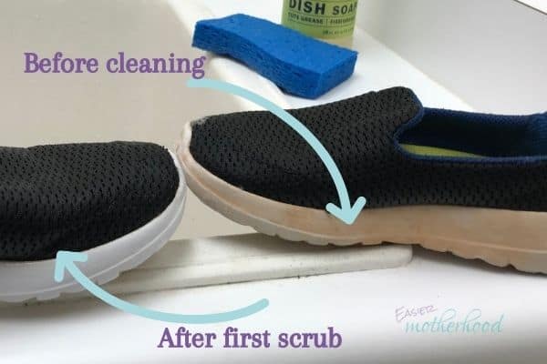 Toddler shoes before and after one scrubbing with dish soap. Shoes are on a utility sink counter with dish soap and a blue sponge in the background, and arrows indicating the cleaning status of the shoes.