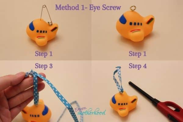 Image illustrating the four steps of turning a toy into a Christmas ornament using the eye screw method- using the safety pin, inserting the screw, tying and trimming the ribbon loop, and melting the ribbon ends to avoid fraying.