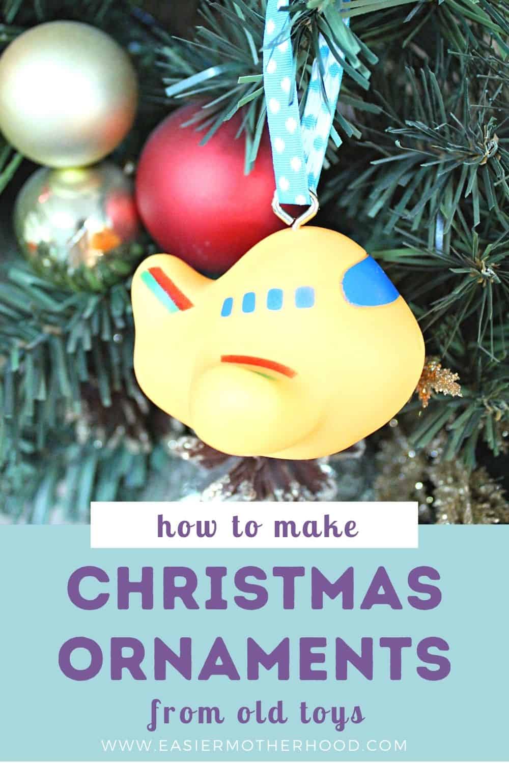 Pin has image of a toy plane that has been made into a Christmas ornament hanging with other decorations in the background. Text below the image reads "how to make christmas ornaments from old toys".
