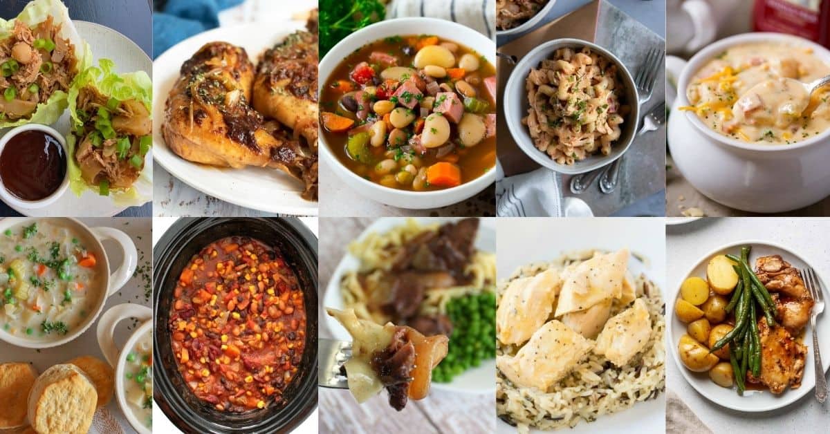 Collage of 10 dump and go slow cooker recipes featured in the post, collage is two rows with 5 images on the top row and 5 more on the bottom