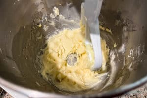 Wet ingredients- butter, sugar, lemon juice and zest, vanilla- mixed in mixing bowl.