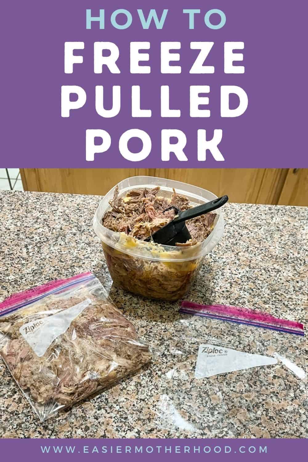 Pin with pork, ziploc, and measuring cup on a counter. Text reads "how to freeze pulled pork".