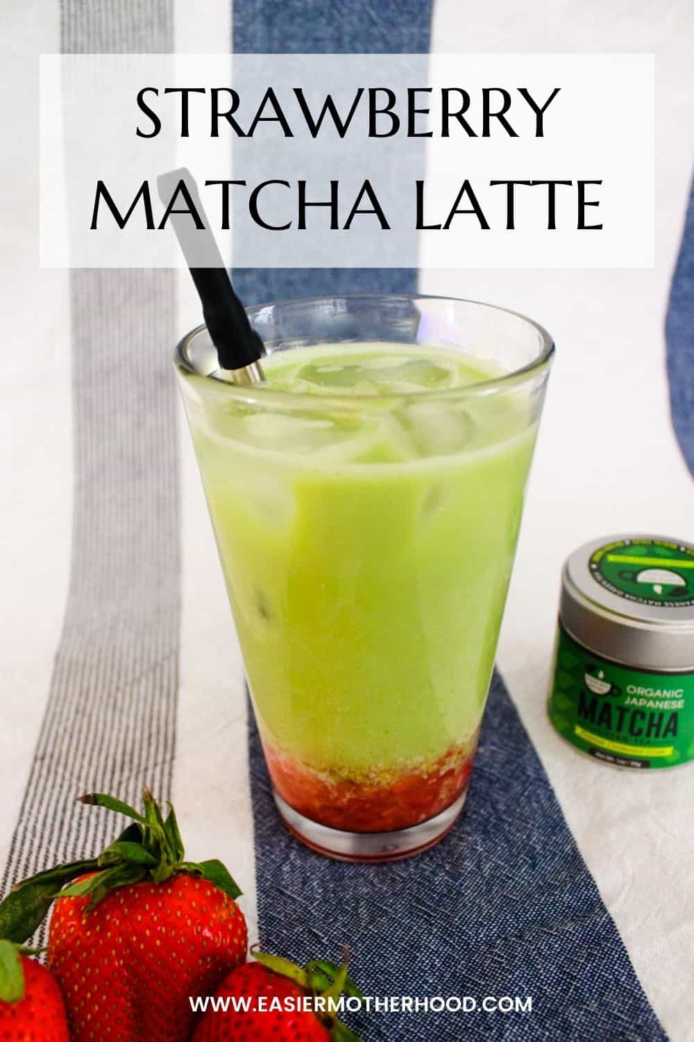 Pin displaying beverage, strawberries, and matcha on striped background. Text reads "strawberry matcha latte".