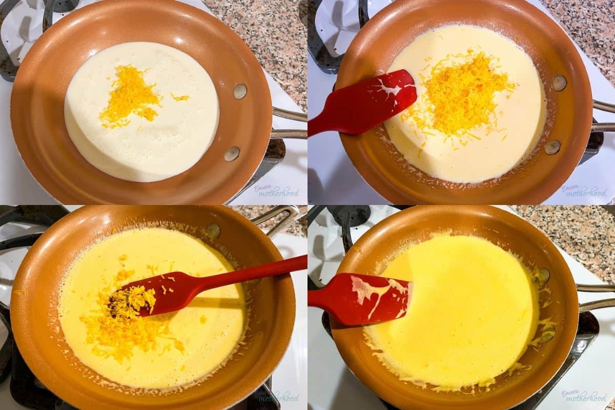 Four photos showing the progression of melting cheese into heavy cream