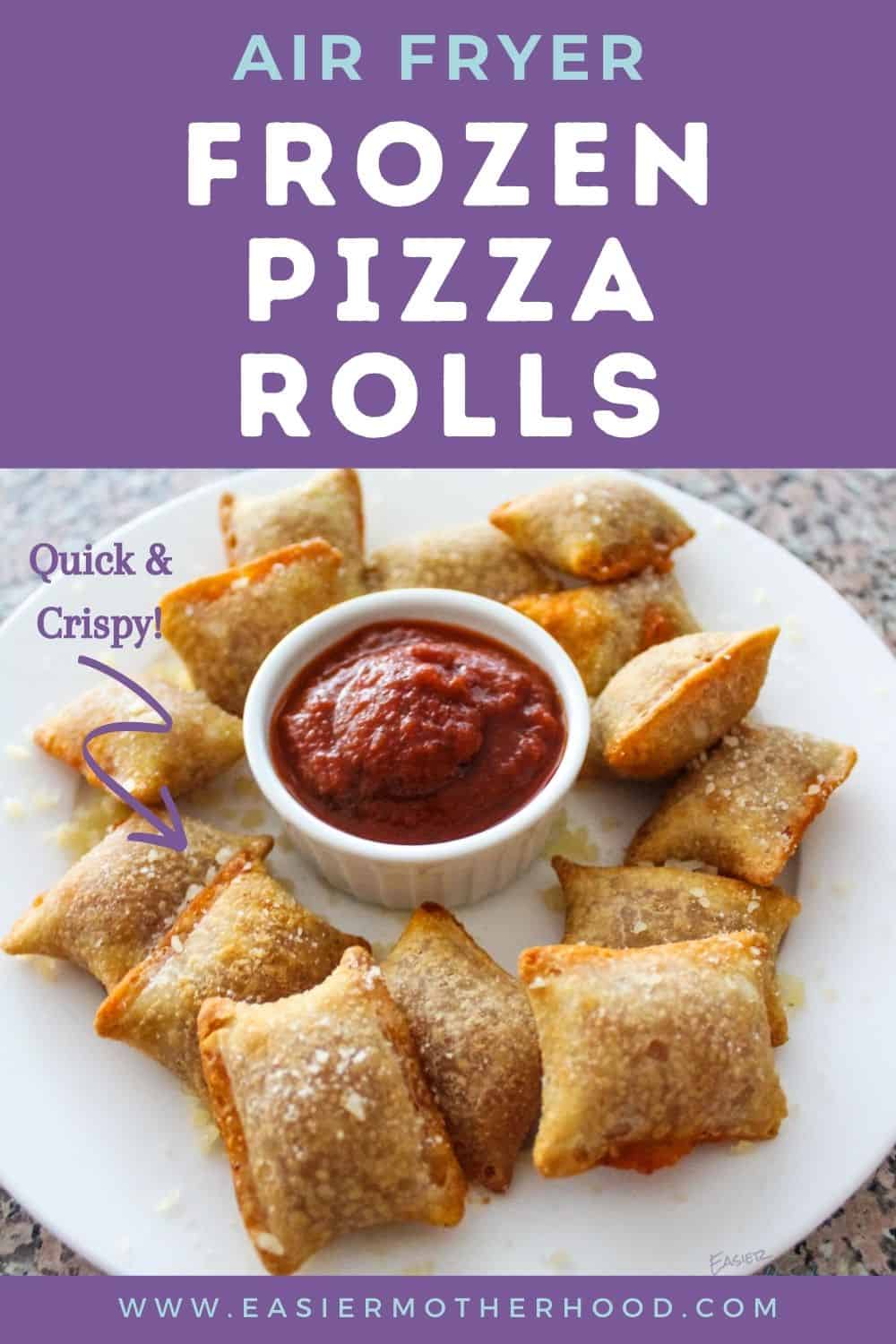 White plate with finished pizza rolls and some sauce on it.