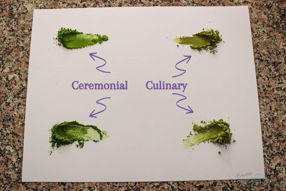 4 matcha powders smeared on white paper, with arrows indicating which are ceremonial and which are culinary
