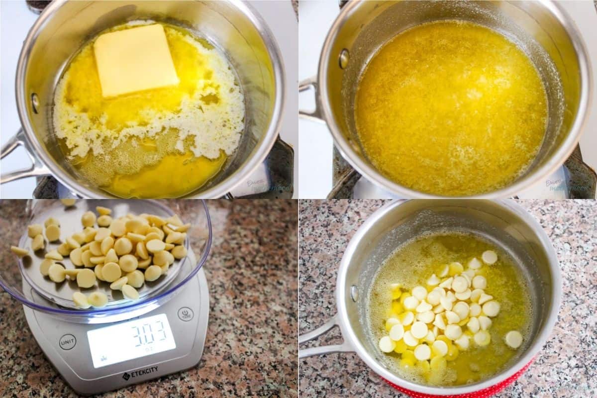 Four images illustrating the melting and browning of butter and adding white chocolate
